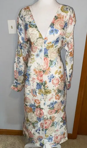 Elliatt Europium Dress‎ White Multi Floral Linen V-Neck Tie Back M $238 MSRP thumbnail 1