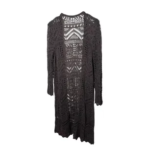 Brown Crochet Knit Long Sleeves Open Front Long Cardigan Womens Size‎ L thumbnail 7