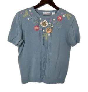 VTG Alfred Dunner Embroidered Floral Beaded Pastel Blue Pullover PS thumbnail 1