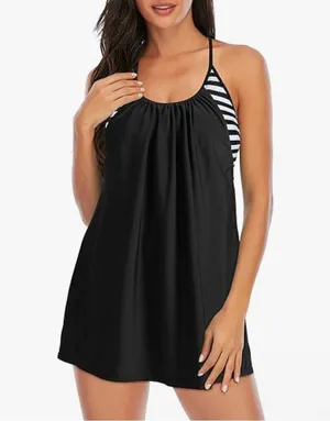 Amazon Chic Black and White Striped Tankini sporty swimsuit bikini top thumbnail 1