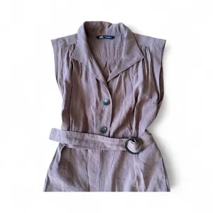 ZARA Sleeveless Collared Belted Wide Leg Jumpsuit Brown XS thumbnail 4