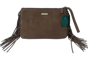 Sarah World Brown Suede Fringe Wristlet Sustainable Clutch Bag Bohemian Earthy thumbnail 1