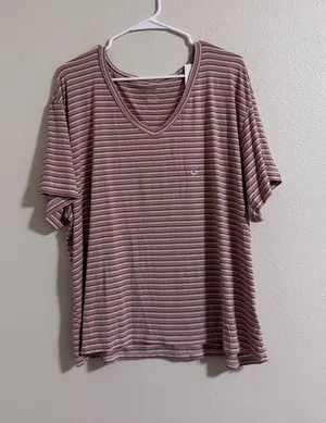 NWT American Eagle Outfitters Pink and White Striped V-Neck Tee thumbnail 1