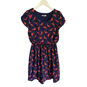 Peach Love California Dinosaur Print Dress Small Navy Orange Puff Sleeve Mini thumbnail 4