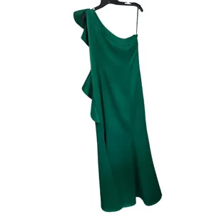 Mango One Shoulder Ruffle Maxi Dress 8 Dark Green Rose Detail Formal Chic‎ thumbnail 2