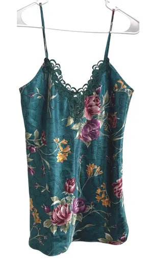 Vintage 90s Green Floral Satin Slip Fairy Grunge Lace Lingerie Top‎ Coquette S thumbnail 1