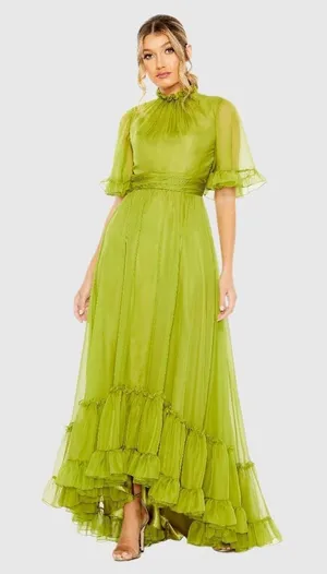 MAC DUGGAL Green Size 10 Ruffled Mock Neck Flutter Sleeve High Low Hem Gown Fla thumbnail 1