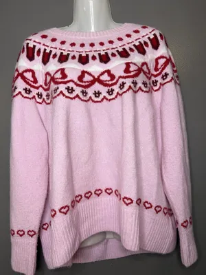 CeCe Sweater Womens XL Pink Fair Isle Hearts Bows Crew Neck Knit Pullover thumbnail 2