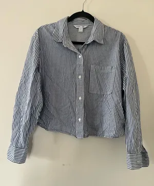 Old Navy Blue White Stripe 100% Cotton Shirt Large Coastal Nautical Preppy thumbnail 1