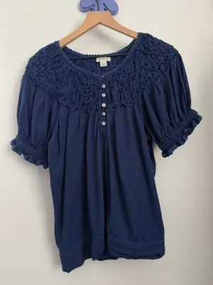Sundance Large Peplum Short Sleeve Tee Navy Blue Relaxed Cottage Prairie thumbnail 3