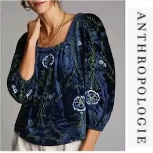 Anthropologie Navy Blue‎ Velvet Floral Embroidered Square Neck Blouse M thumbnail 3