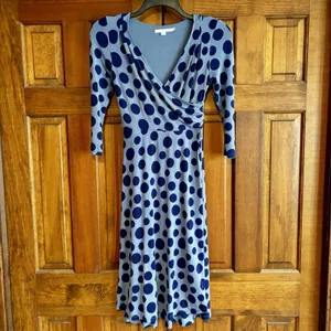Boden Dress Women's Size 4 Long US, 8L UK Blue Polka Dot V Neck 3/4 Sleeves Work thumbnail 2