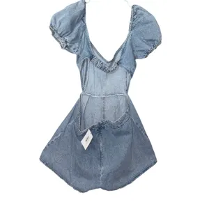 Lulus Blushing Beauty Light Wash Denim Puff Sleeve Romper size Large thumbnail 4