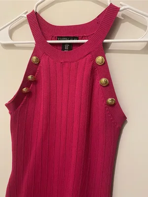 Sincerely Jules Hot Pink Ribbed Sweater Dress with Gold Buttons Size S thumbnail 3