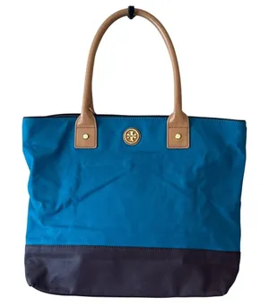 Tory Burch Jaden Tote Blue Canvas‎ Coconut Tan Leather Shopper Bag thumbnail 1