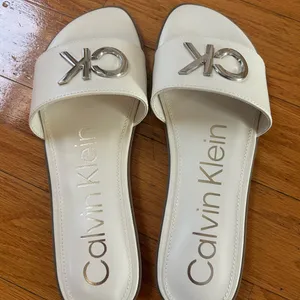 NEW Calvin Klein women memory foam Slide Sandals with Silver CK Logo thumbnail 1