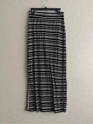 a.n.a Black White Striped Maxi Skirt Small Foldover Waist Stretch Knit Casual thumbnail 7