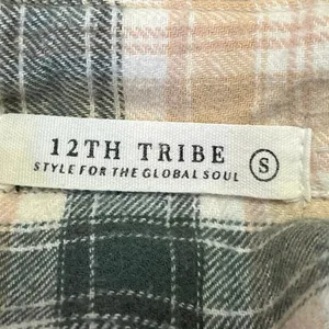 12th Tribe Green Beige Plaid Checkered Flannel Button Down Shirt Blouse Top Sz S thumbnail 3