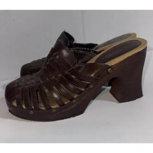 Route 66 Y2K 2000s‎ Platform Chunky Brown Faux Leather Strappy Heel Mules Clogs thumbnail 5