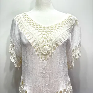 Boho Hippie White Gauzy Cotton & Crochet Lace with Fringe Top Size Medium thumbnail 2