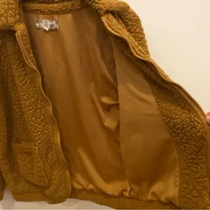 Pink Rose Teddy‎ Fleece Jacket Camel Brown Zip Front Sherpa Coat Women's Small thumbnail 6