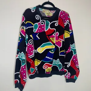 Vintage Bright 90s Pullover Cotton Sz XL Geometric Pattern Black thumbnail 5