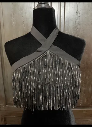 Effordram halter crop top crisscross tie-back with studded fringe trim - Small. Gently worn & Excellent condition. Measurements approximately 14” from armpit to armpit x 10” long. Non-smoking home. priced to sell at as is condition. Don’t like my price, make reasonable offer! And thank you for checking my closet. thumbnail 1