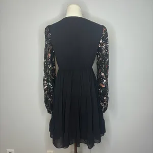 She + Sky - Mesh Long Sleeve Black Dress with Sequin Floral Details thumbnail 2