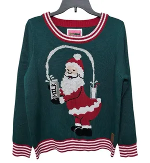 Tipsy Elves Ugly‎ Christmas Sweater Santa Pouring Milk Size Large Green Red thumbnail 1