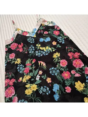 Betsey Johnson Chemise Slip Nightie L Large Black Multi Color Floral Ruffle Hem thumbnail 11