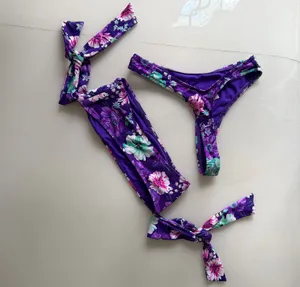 Victoria's Secret Purple Floral Print Thong and Off Shoulder Bikini Set thumbnail 3