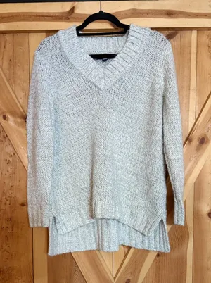 Chaps White Silver Metallic Sparkly Cable Knit V Neck Sweater Womens Large Prep thumbnail 1
