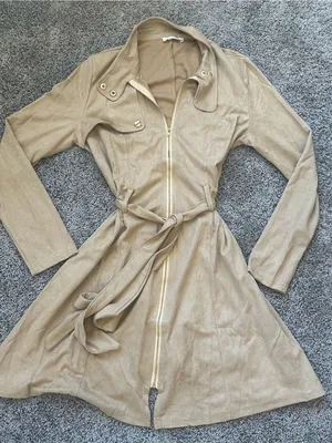 Long Sleeve Tan Belted Trench Dress thumbnail 1