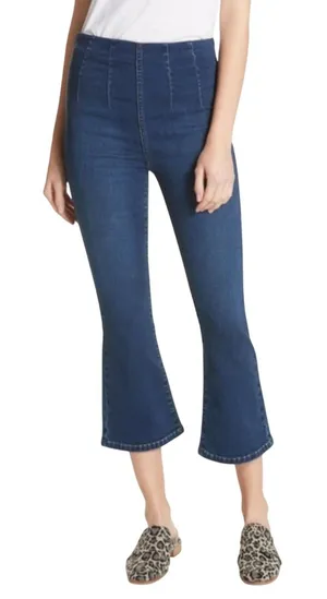 Free People Pull On High Rise Crop Flare Jeans Blue Stretch Denim Size 27 thumbnail 1