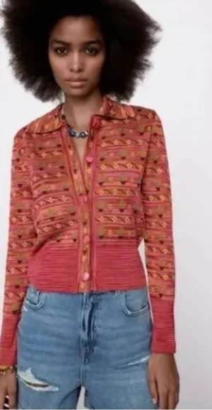 Zara Cactus Flower Polo Cardigan Sweater Pink Yellow Green Button Front S Desert thumbnail 1