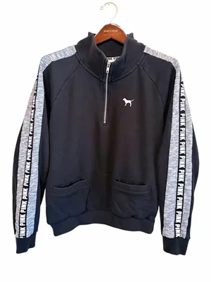 Victoria's Secret PINK 1/4 zip pullover sweatshirt, signature stripe, black,sz M thumbnail 1