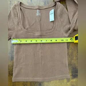 NWT Aerie Ribbed Crop Top Women's XS Neutral Taupe Long Sleeve Square Neckline thumbnail 5