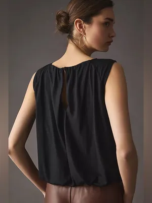 NWT By Anthropologie Shimmer Bubble Hem Top Black Medium thumbnail 4