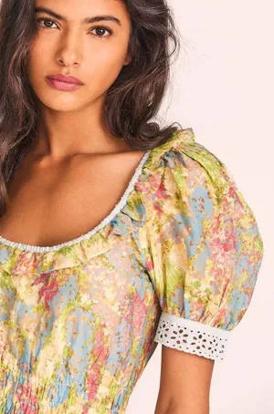 NWT $495 LoveShackFancy Pastel Fields Safiya Scoop Neck Mini Puff Sleeve Dress M thumbnail 3