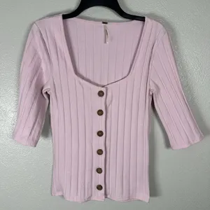 Free People Central Park Cardi Ribbed Button Down Womens Large‎ Pink 3/4 Sleeve thumbnail 1