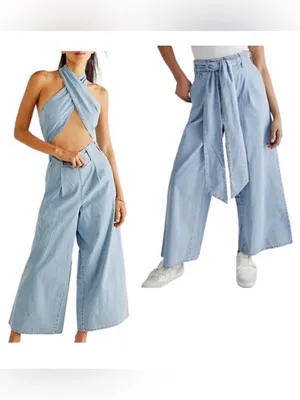 NWT Free People Size LARGE Sasha Convertible Wide Leg Jeans Pocket Jumpsuit thumbnail 2