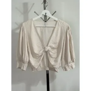 YFB Young Fabulous Broke Women Miranda Linen Blend Knot Crop Top Oatmeal Beige M thumbnail 3