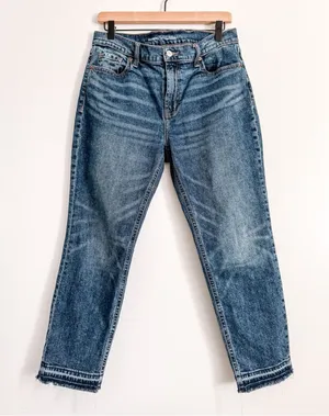 Old Navy Mid Rise Boyfriend Jeans Size 8 Medium Wash Raw Hem Cropped thumbnail 1