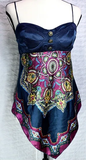 Candies Navy Blue Paisley Satin Handkerchief Hem Bustier Camisole Top Small thumbnail 1