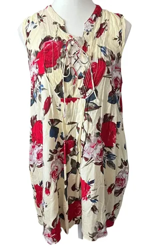 Umgee USA Cream‎ Floral Print Sleeveless Dress Boho Lace Up Neck Size Medium thumbnail 1