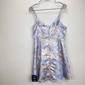 NWT Lulus‎ Quick to Love Blue Floral Jacquard Tie Front Pockets Dress LARGE thumbnail 6