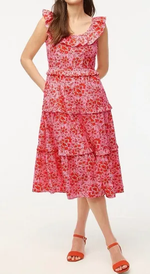 J. Crew Printed Ruffle Midi Dress in Azalea Belvedere Red Floral thumbnail 1