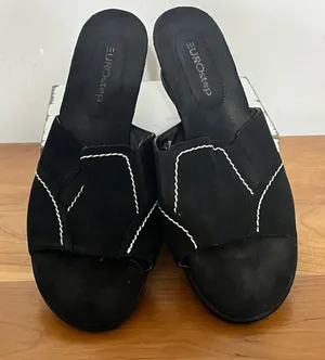 Eurostep Allspice Black Leather Wedge Sandals Slides White Stitching Womens‎ 9M thumbnail 1