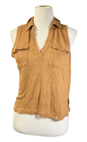 Nicole Miller New York 100% Linen Sleeveless Collared V-Neck Top - Tan / Camel (Size Small) thumbnail 1