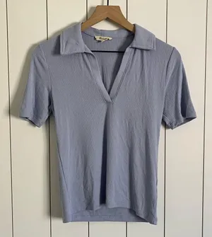 Madewell Drapey Rib Short Sleeve Polo Top Blue thumbnail 1